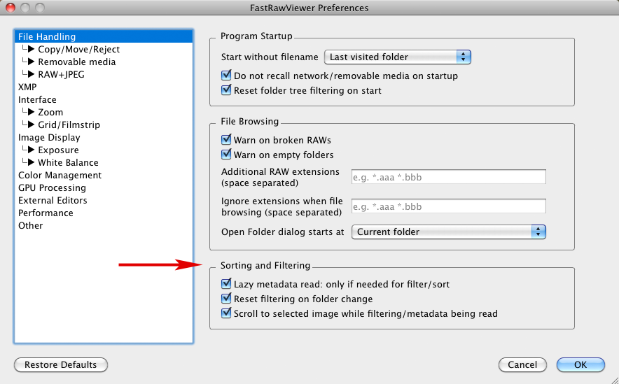 FastRawViewer 1.4. Preferences - File Handling - Sorting and Filtering