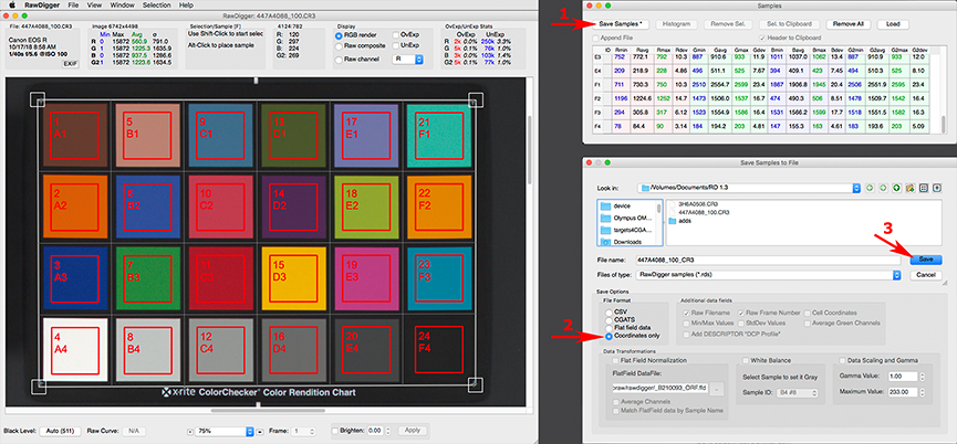 RawDigger 1.3. Save Samples Coordinates