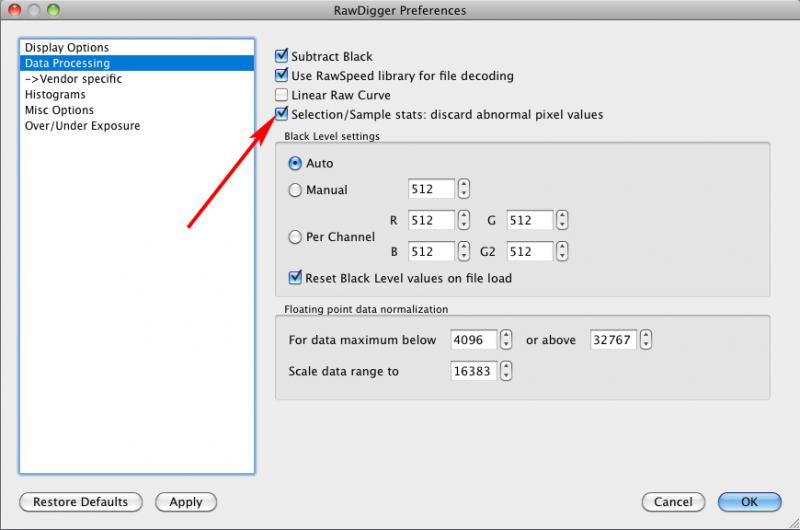 RawDigger. Filter Abnormal Pixels