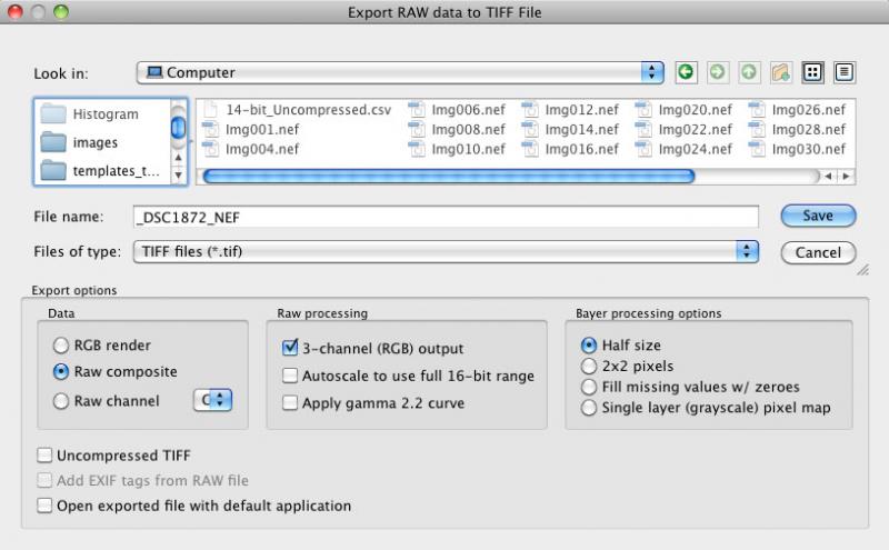 RawDigger Export RAW to TIFF File