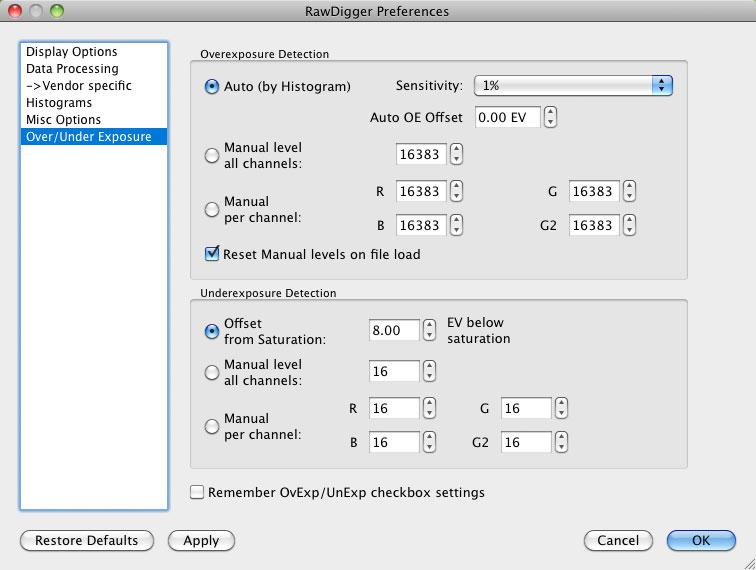 RawDigger Over- and Underexposure Detection Settings 