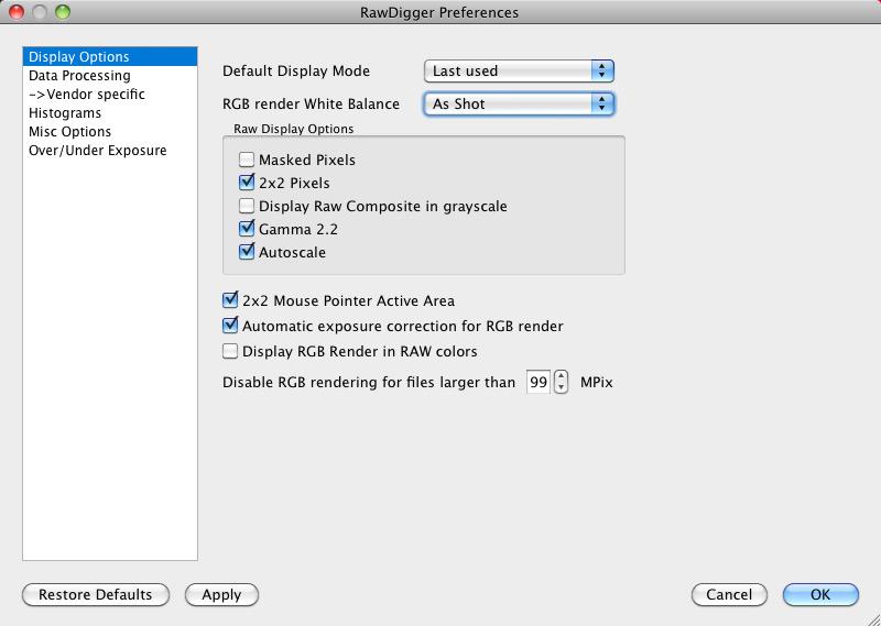 RawDigger Preferences Display Options