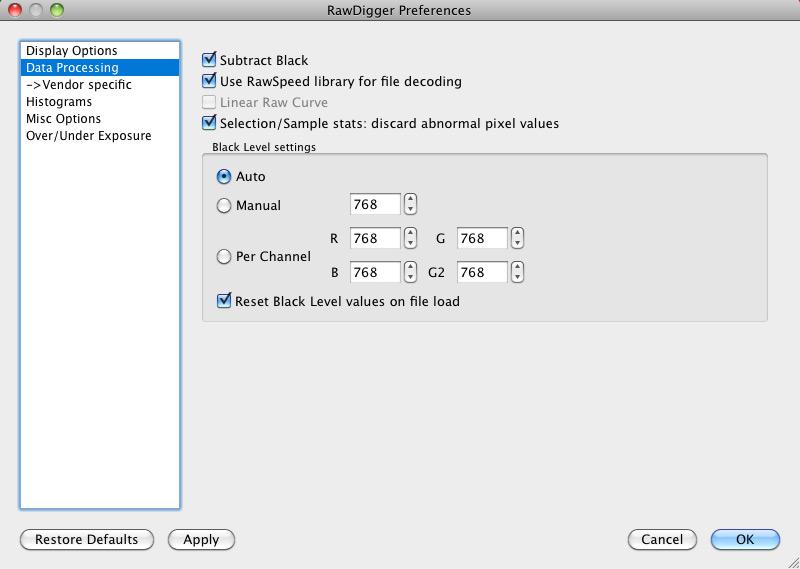 RawDigger Preferences Data Processing