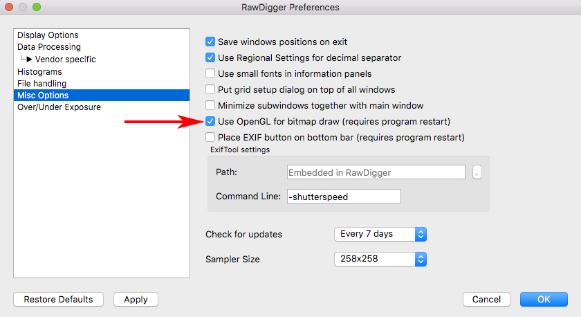 RawDigger 1.4. Preferences. Misc. Options