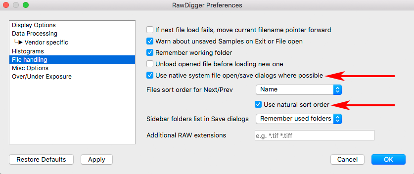 RawDigger 1.4. Preferences. File Handling