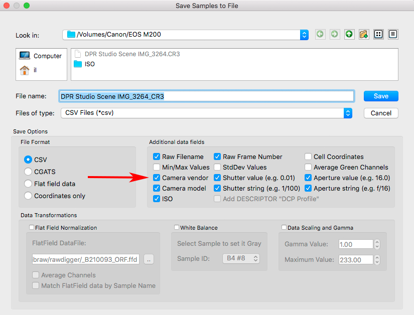 RawDigger 1.4. save Samples to File