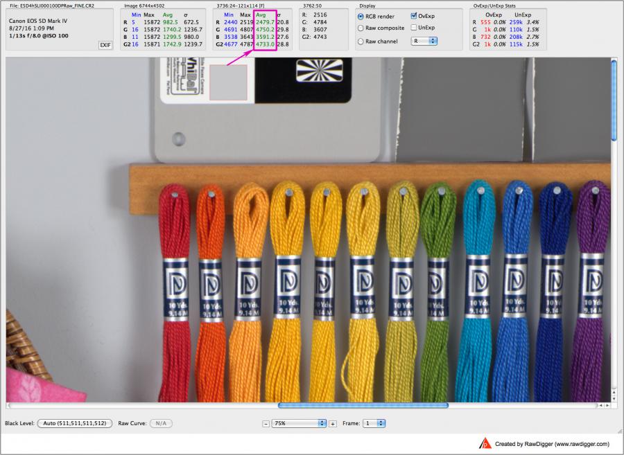 RawDigger. Canon 5D Mark IV Shot. Main Frame. Sampled WhiBal