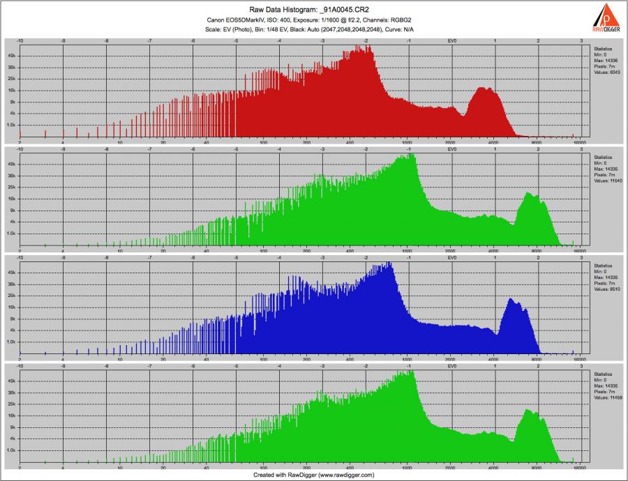 RawDigger. Canon 5D Mark IV Dual Pixel mode. Histogram of the Auxiliary Frame.